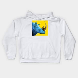 Blue Rhino on Yellow Background Kids Hoodie